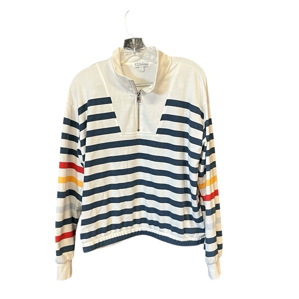 P.J. Salvage maritime lounge top 1/4 zip women L blue white striped nautical